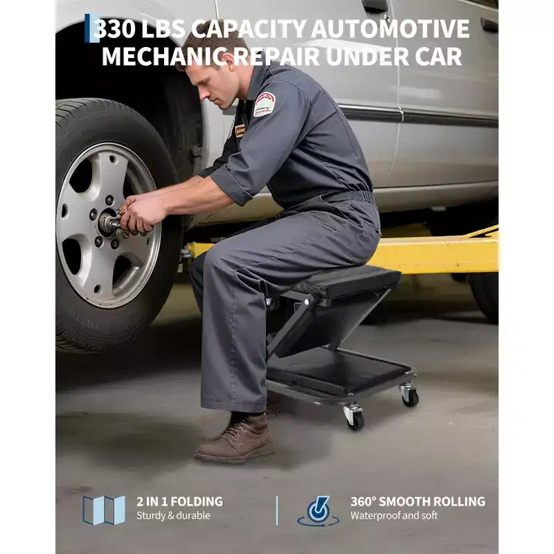 Asiento con ruedas plegable 2 en 1 estilo Z para mecánico, silla rodante de garaje de 36 pulgadas con ruedas giratorias, plataforma rodante resistente para taller de reparación de automóviles