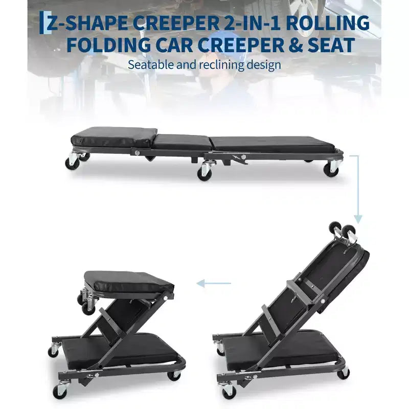 Asiento con ruedas plegable 2 en 1 estilo Z para mecánico, silla rodante de garaje de 36 pulgadas con ruedas giratorias, plataforma rodante resistente para taller de reparación de automóviles