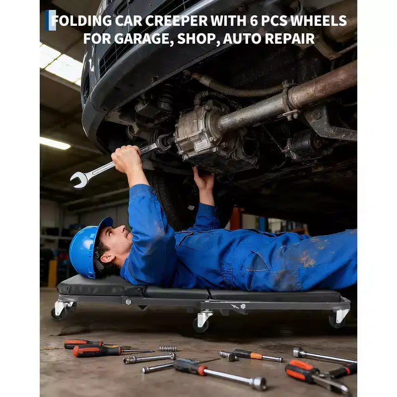 Asiento con ruedas plegable 2 en 1 estilo Z para mecánico, silla rodante de garaje de 36 pulgadas con ruedas giratorias, plataforma rodante resistente para taller de reparación de automóviles