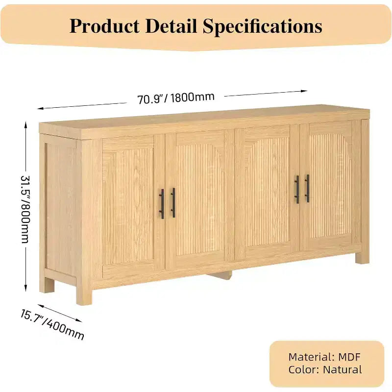 Aparador buffet de 71" con 4 puertas, aparador con ranuras de almacenamiento con gestión de cables y estantes ajustables, mesa de buffet para cocina