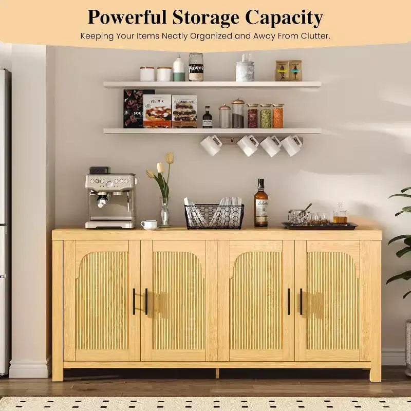 Aparador buffet de 71" con 4 puertas, aparador con ranuras de almacenamiento con gestión de cables y estantes ajustables, mesa de buffet para cocina