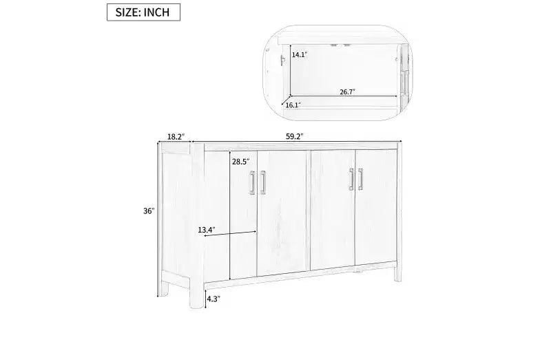 Gabinete de granja de 59" con cuatro puertas, chapa de madera natural, bisagras de cierre suave
