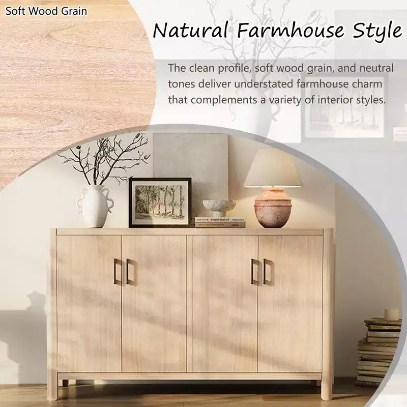 Gabinete de granja de 59" con cuatro puertas, chapa de madera natural, bisagras de cierre suave
