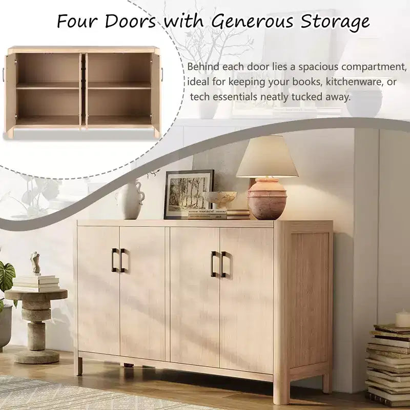 Gabinete de granja de 59" con cuatro puertas, chapa de madera natural, bisagras de cierre suave