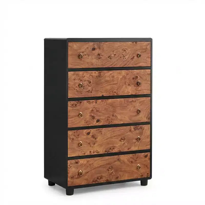Cómoda vertical moderna de 5 cajones de 117 cm de alto, de madera con diseño curvo y tiradores redondos vintage, roble natural para almacenamiento en dormitorio y sala de estar