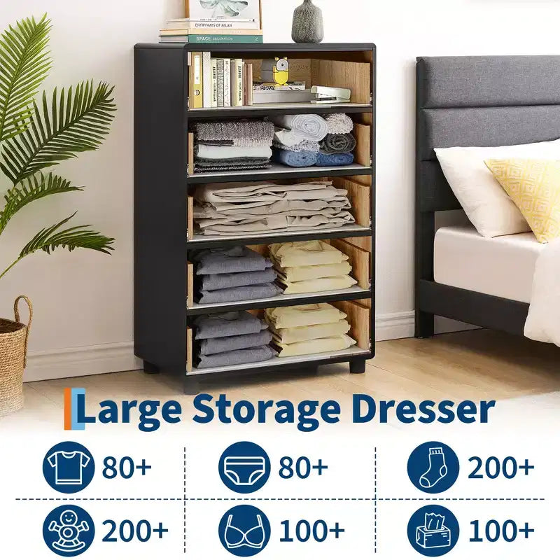 Cómoda vertical moderna de 5 cajones de 117 cm de alto, de madera con diseño curvo y tiradores redondos vintage, roble natural para almacenamiento en dormitorio y sala de estar