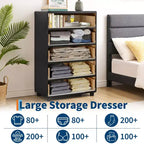 Cómoda vertical moderna de 5 cajones de 117 cm de alto, de madera con diseño curvo y tiradores redondos vintage, roble natural para almacenamiento en dormitorio y sala de estar