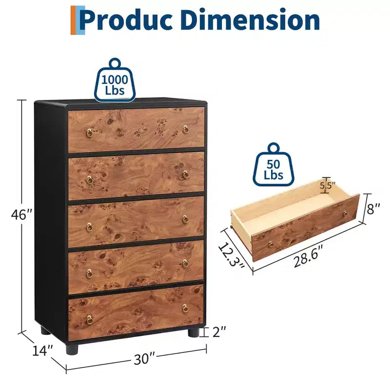 Cómoda vertical moderna de 5 cajones de 117 cm de alto, de madera con diseño curvo y tiradores redondos vintage, roble natural para almacenamiento en dormitorio y sala de estar