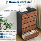 Cómoda vertical moderna de 5 cajones de 117 cm de alto, de madera con diseño curvo y tiradores redondos vintage, roble natural para almacenamiento en dormitorio y sala de estar
