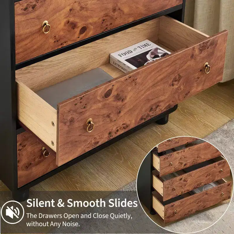 Cómoda vertical moderna de 5 cajones de 117 cm de alto, de madera con diseño curvo y tiradores redondos vintage, roble natural para almacenamiento en dormitorio y sala de estar