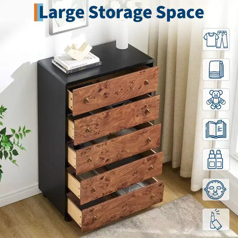 Cómoda vertical moderna de 5 cajones de 117 cm de alto, de madera con diseño curvo y tiradores redondos vintage, roble natural para almacenamiento en dormitorio y sala de estar