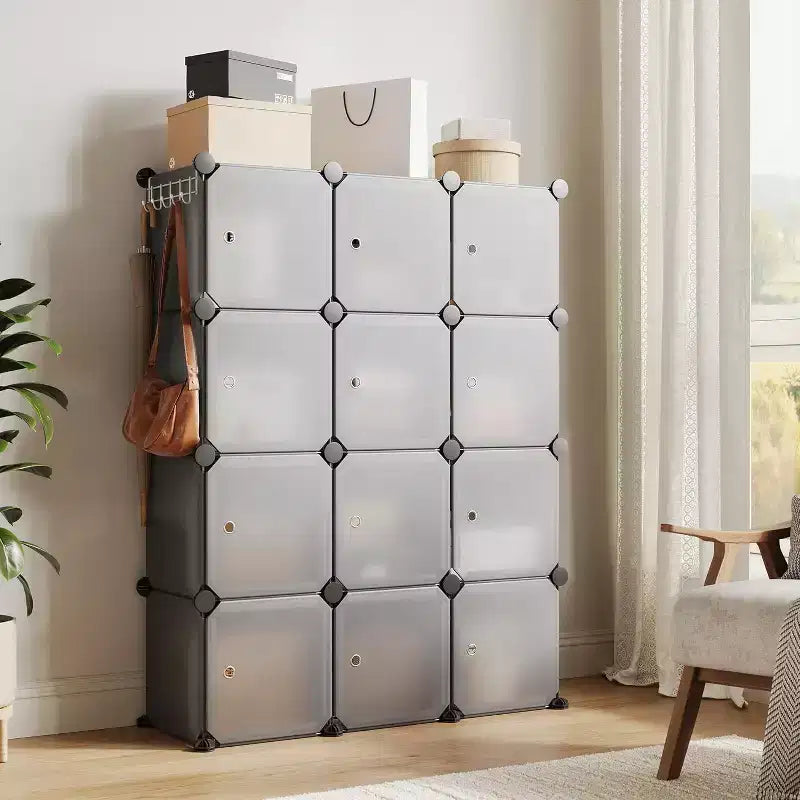 Organizador de almacenamiento de 12 cubos con puertas, estantería modular de plástico para dormitorio y sala de estar, gris