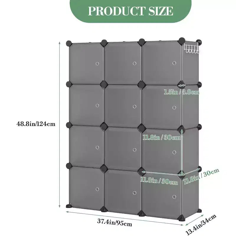Organizador de almacenamiento de 12 cubos con puertas, estantería modular de plástico para dormitorio y sala de estar, gris