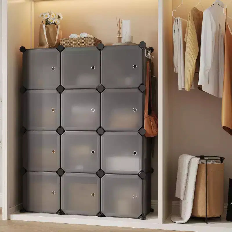 Organizador de almacenamiento de 12 cubos con puertas, estantería modular de plástico para dormitorio y sala de estar, gris