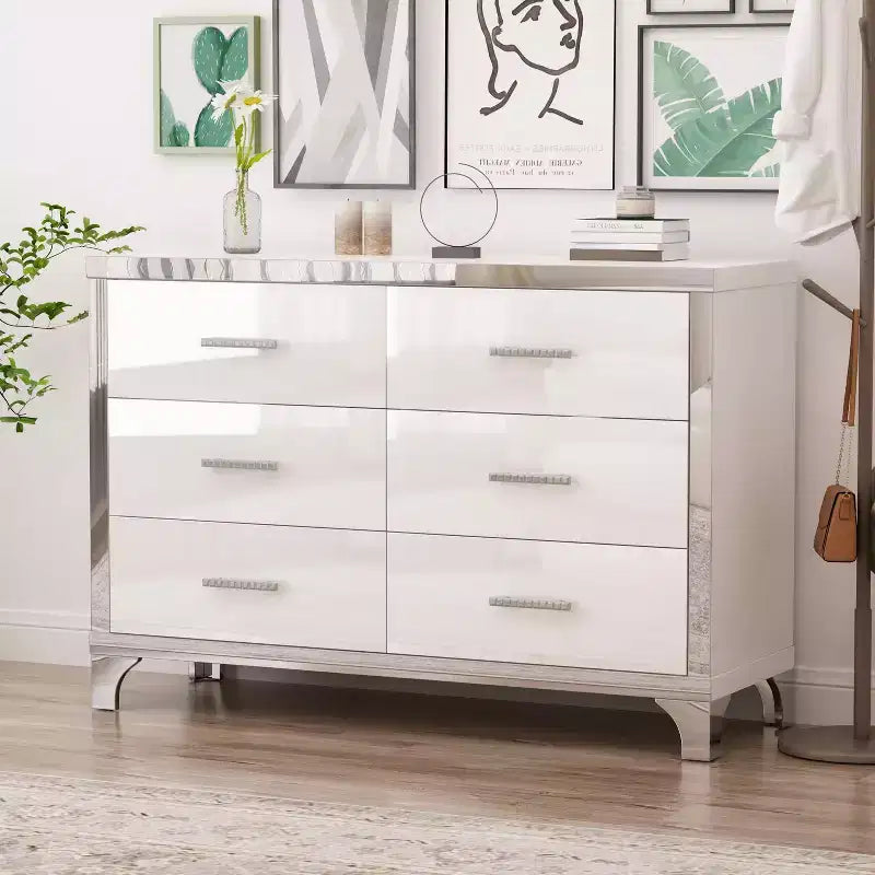 Cómoda de alto brillo con tirador metálico, armario con espejo y 6 cajones para dormitorio, color blanco