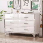 Cómoda de alto brillo con tirador metálico, armario con espejo y 6 cajones para dormitorio, color blanco