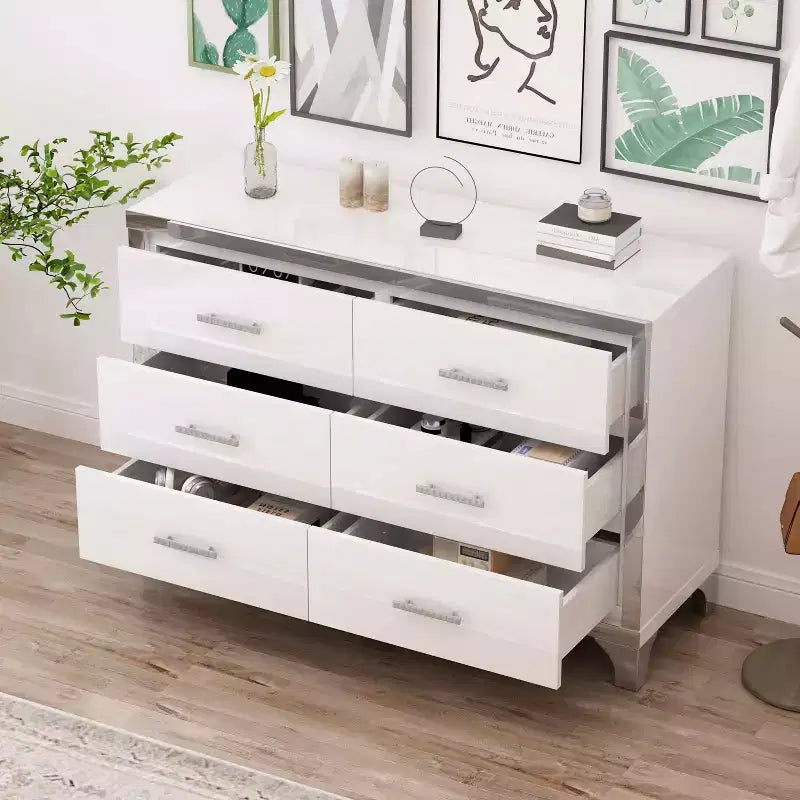 Cómoda de alto brillo con tirador metálico, armario con espejo y 6 cajones para dormitorio, color blanco