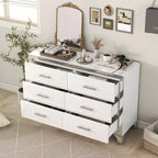 Cómoda de alto brillo con tirador metálico, armario con espejo y 6 cajones para dormitorio, color blanco