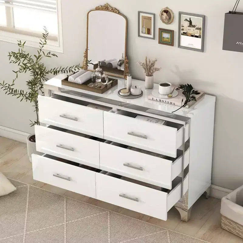 Cómoda de alto brillo con tirador metálico, armario con espejo y 6 cajones para dormitorio, color blanco