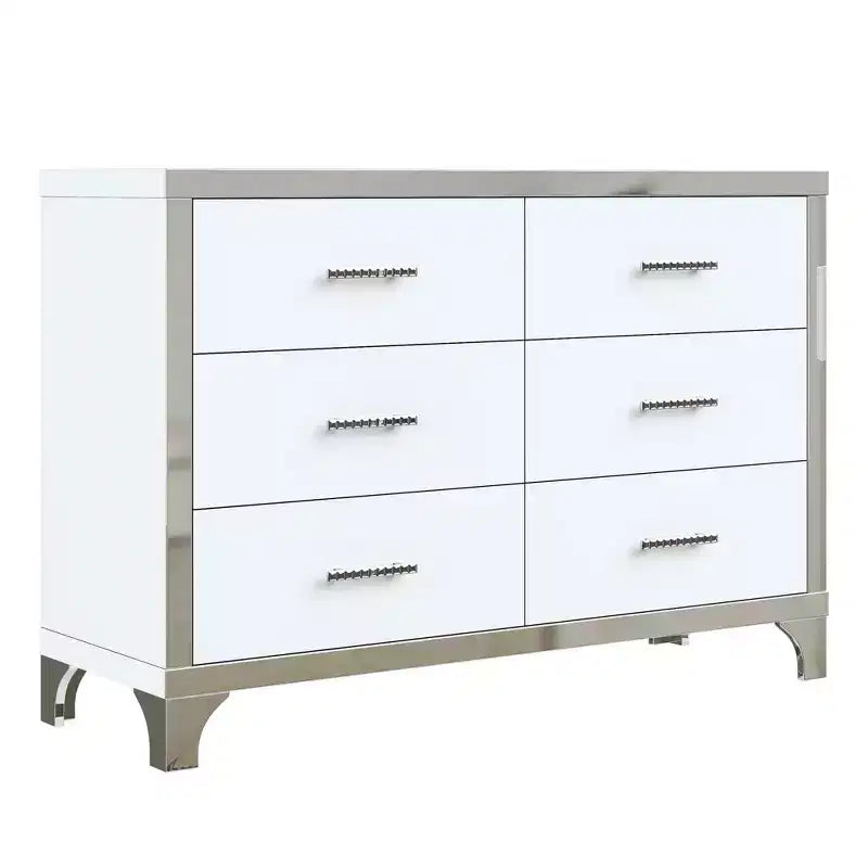 Cómoda de alto brillo con tirador metálico, armario con espejo y 6 cajones para dormitorio, color blanco