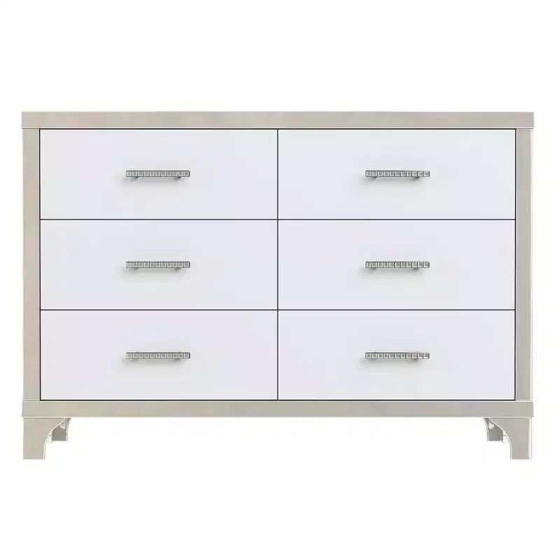 Cómoda de alto brillo con tirador metálico, armario con espejo y 6 cajones para dormitorio, color blanco