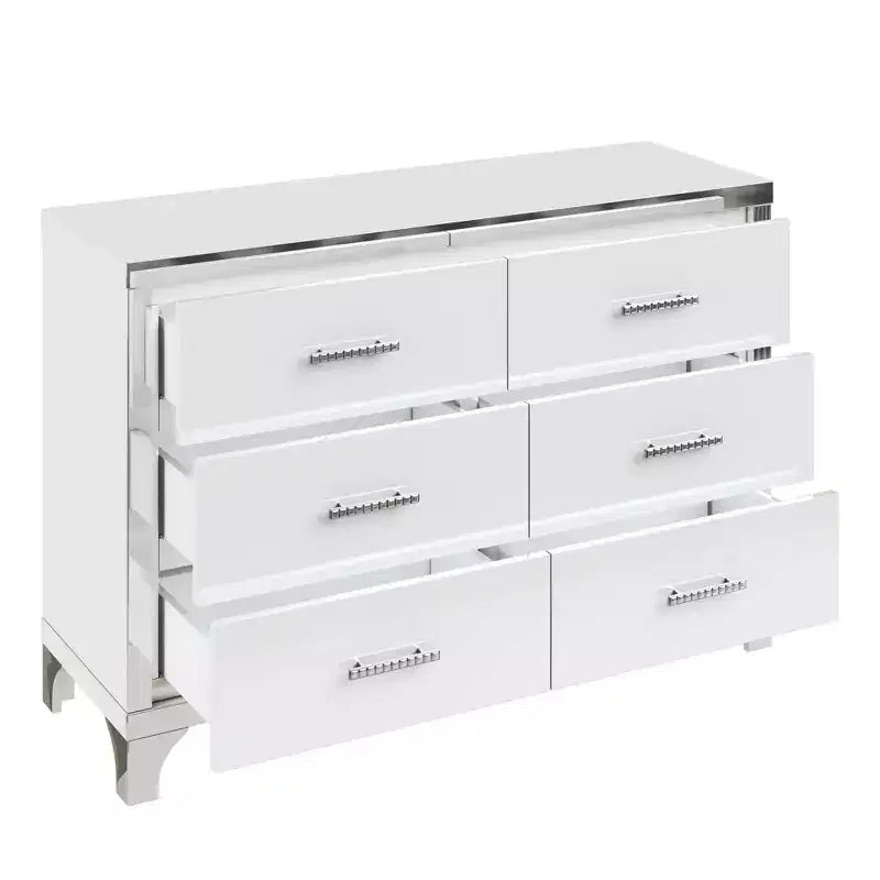 Cómoda de alto brillo con tirador metálico, armario con espejo y 6 cajones para dormitorio, color blanco