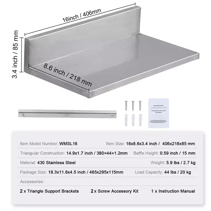 Estante de acero inoxidable de 8,6 x 16, estantería flotante montada en la pared con salpicadero, capacidad de carga de 44 libras, estantes comerciales