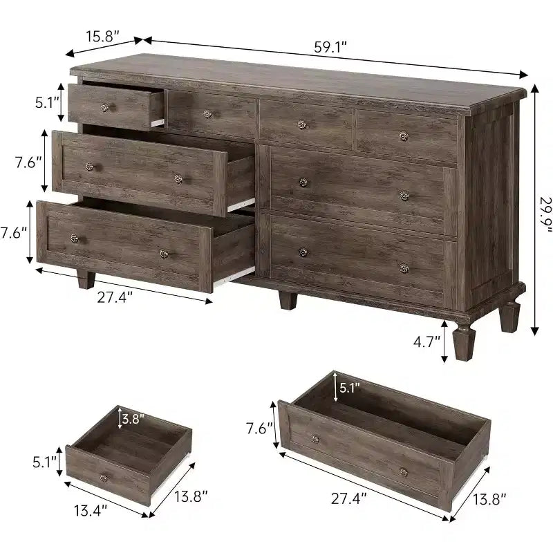 Cómoda de 8 cajones para dormitorio, cómoda vintage 59 con soporte para TV con tiradores tallados y patas cónicas, cómoda de madera con gran capacidad de almacenamiento