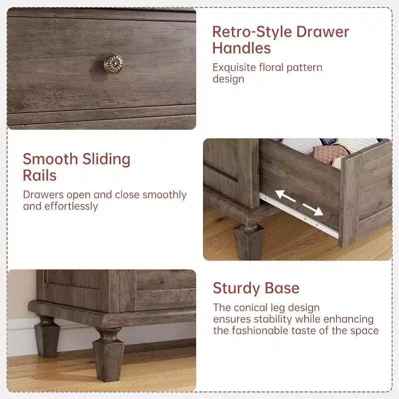 Cómoda de 8 cajones para dormitorio, cómoda vintage 59 con soporte para TV con tiradores tallados y patas cónicas, cómoda de madera con gran capacidad de almacenamiento