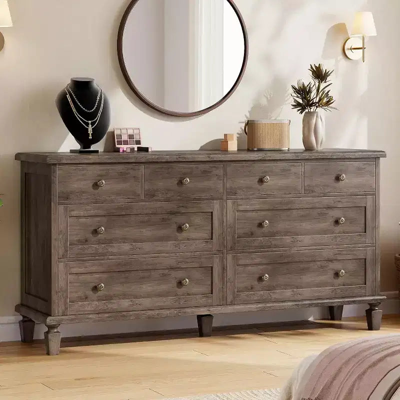 Cómoda de 8 cajones para dormitorio, cómoda vintage 59 con soporte para TV con tiradores tallados y patas cónicas, cómoda de madera con gran capacidad de almacenamiento