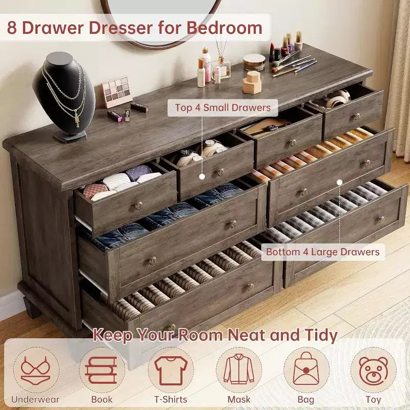 Cómoda de 8 cajones para dormitorio, cómoda vintage 59 con soporte para TV con tiradores tallados y patas cónicas, cómoda de madera con gran capacidad de almacenamiento