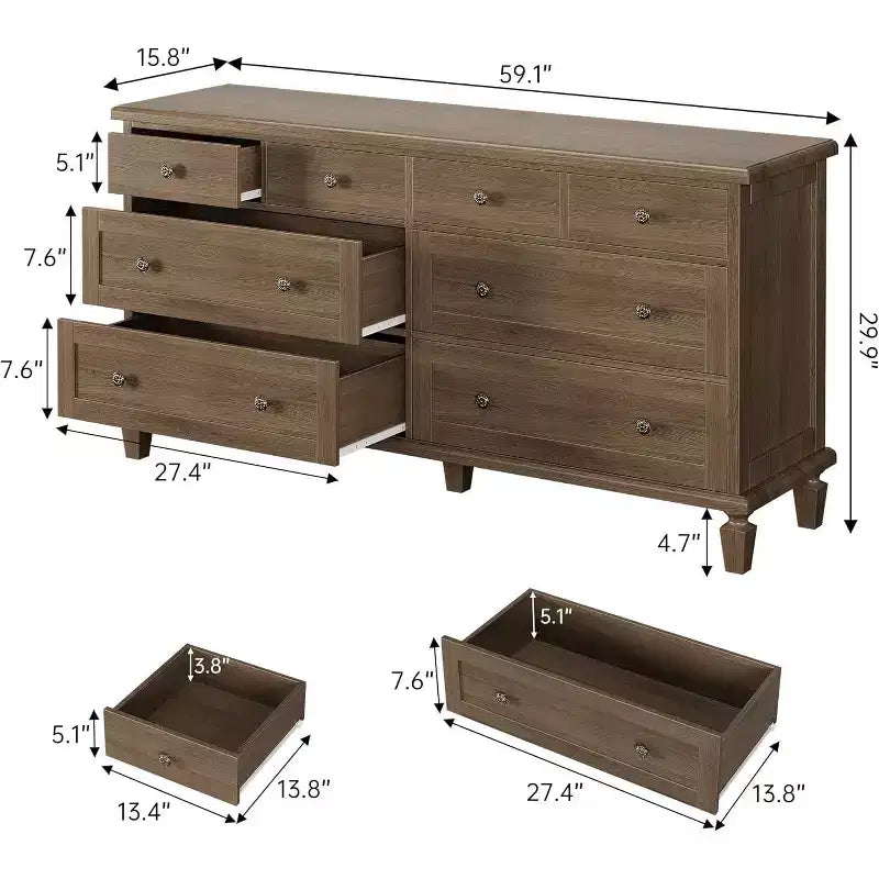 Cómoda de 8 cajones para dormitorio, cómoda vintage 59 con soporte para TV con tiradores tallados y patas cónicas, cómoda de madera con gran capacidad de almacenamiento