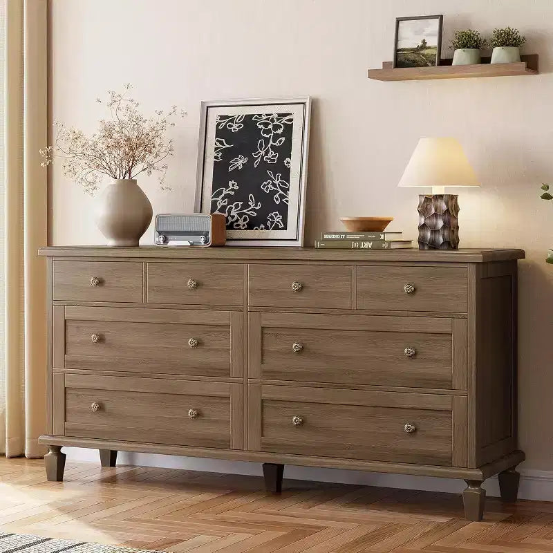 Cómoda de 8 cajones para dormitorio, cómoda vintage 59 con soporte para TV con tiradores tallados y patas cónicas, cómoda de madera con gran capacidad de almacenamiento