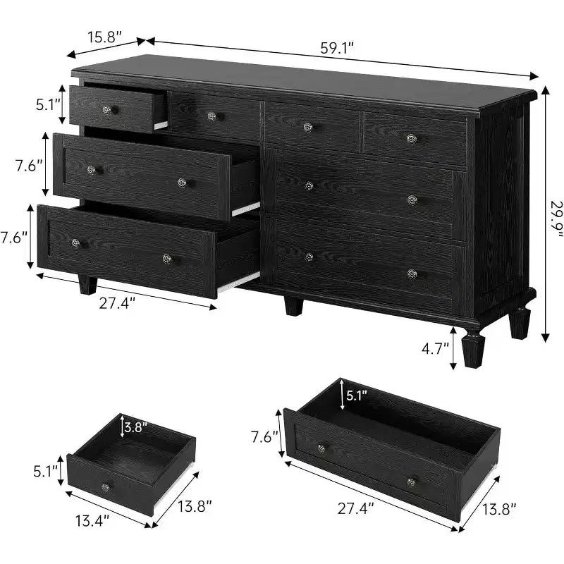 Cómoda de 8 cajones para dormitorio, cómoda vintage 59 con soporte para TV con tiradores tallados y patas cónicas, cómoda de madera con gran capacidad de almacenamiento