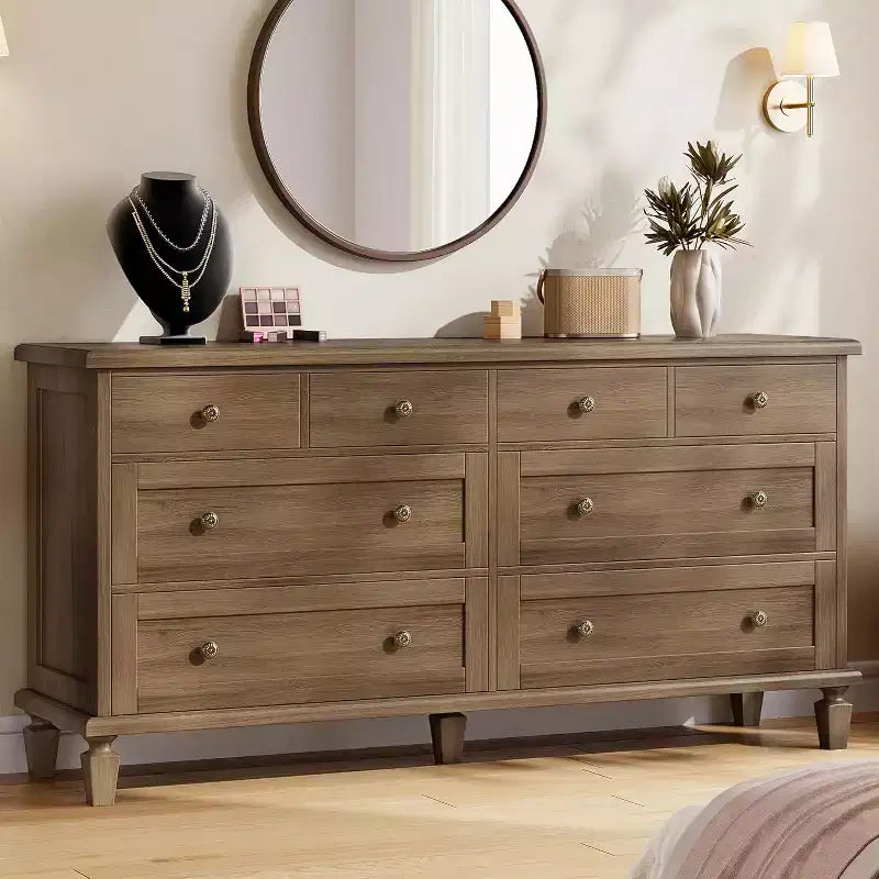 Cómoda de 8 cajones para dormitorio, cómoda vintage 59 con soporte para TV con tiradores tallados y patas cónicas, cómoda de madera con gran capacidad de almacenamiento