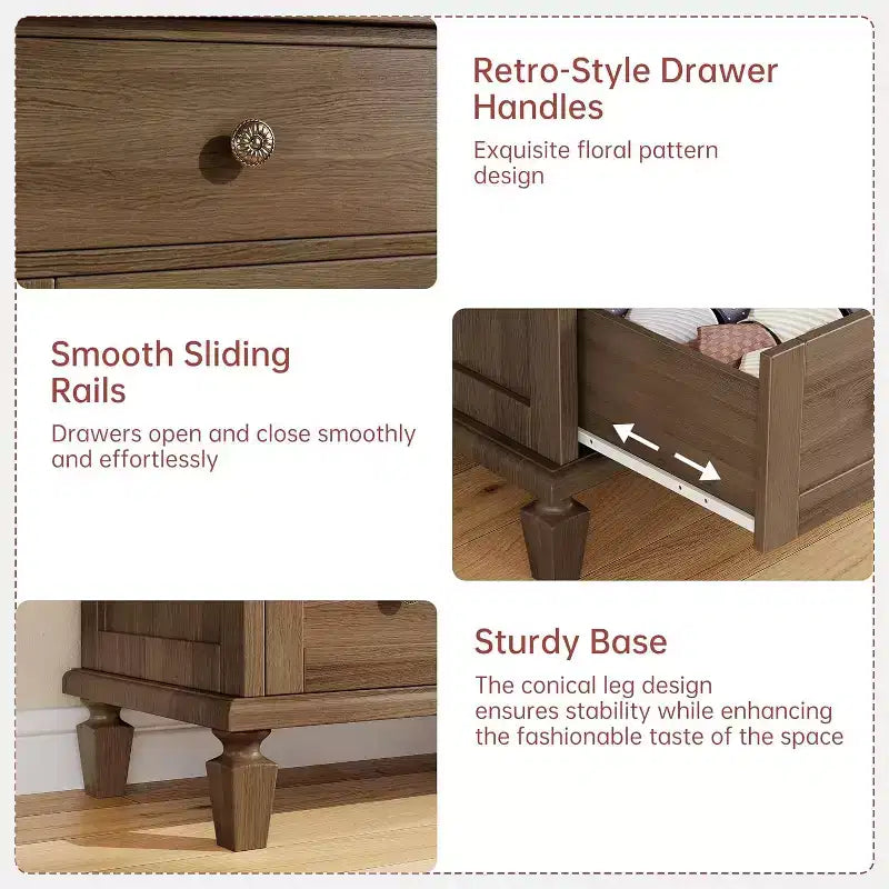Cómoda de 8 cajones para dormitorio, cómoda vintage 59 con soporte para TV con tiradores tallados y patas cónicas, cómoda de madera con gran capacidad de almacenamiento