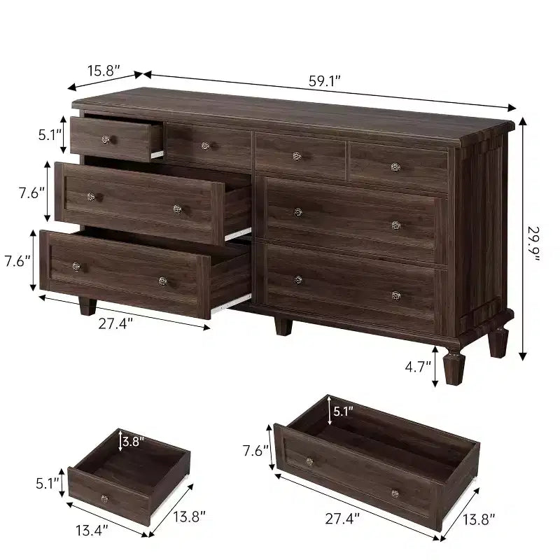 Cómoda de 8 cajones para dormitorio, cómoda vintage 59 con soporte para TV con tiradores tallados y patas cónicas, cómoda de madera con gran capacidad de almacenamiento