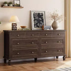 Cómoda de 8 cajones para dormitorio, cómoda vintage 59 con soporte para TV con tiradores tallados y patas cónicas, cómoda de madera con gran capacidad de almacenamiento