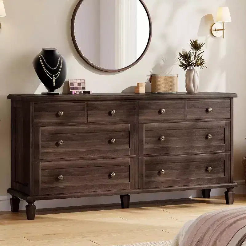 Cómoda de 8 cajones para dormitorio, cómoda vintage 59 con soporte para TV con tiradores tallados y patas cónicas, cómoda de madera con gran capacidad de almacenamiento