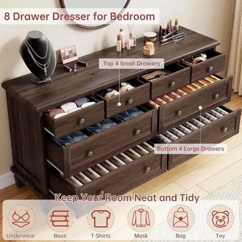 Cómoda de 8 cajones para dormitorio, cómoda vintage 59 con soporte para TV con tiradores tallados y patas cónicas, cómoda de madera con gran capacidad de almacenamiento