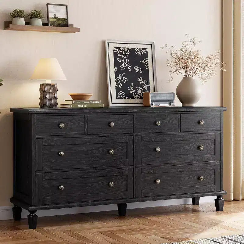 Cómoda de 8 cajones para dormitorio, cómoda vintage 59 con soporte para TV con tiradores tallados y patas cónicas, cómoda de madera con gran capacidad de almacenamiento