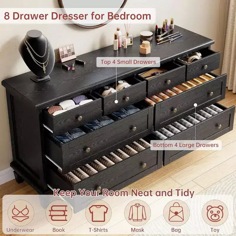 Cómoda de 8 cajones para dormitorio, cómoda vintage 59 con soporte para TV con tiradores tallados y patas cónicas, cómoda de madera con gran capacidad de almacenamiento