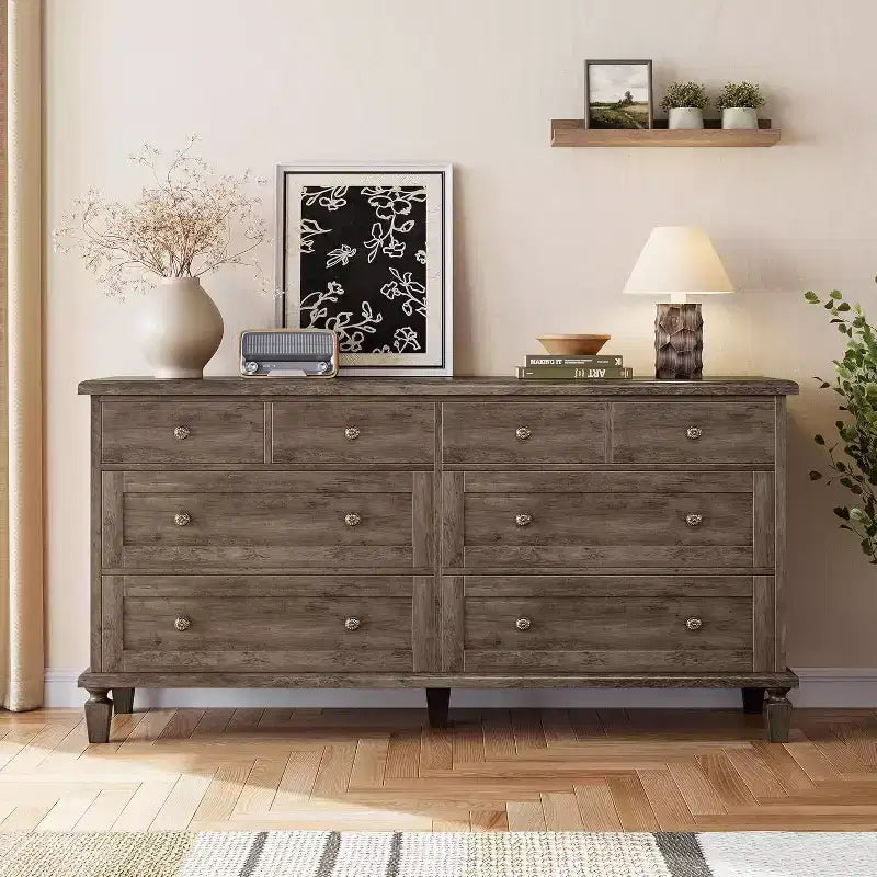 Cómoda de 8 cajones para dormitorio, cómoda vintage 59 con soporte para TV con tiradores tallados y patas cónicas, cómoda de madera con gran capacidad de almacenamiento