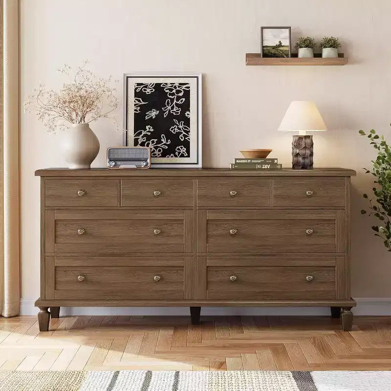 Cómoda de 8 cajones para dormitorio, cómoda vintage 59 con soporte para TV con tiradores tallados y patas cónicas, cómoda de madera con gran capacidad de almacenamiento