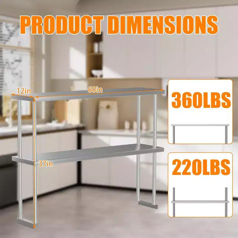 Estantería superior de laboratorio de acero inoxidable de 2 niveles, 60 an. x 12 prof. x 39 al., estantes ajustables de alta resistencia (capacidad de 163 kg + 100 kg) para banco de trabajo