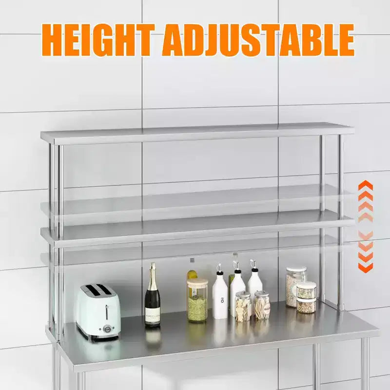Estantería superior de laboratorio de acero inoxidable de 2 niveles, 60 an. x 12 prof. x 39 al., estantes ajustables de alta resistencia (capacidad de 163 kg + 100 kg) para banco de trabajo