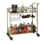 Carrito de Bar con Espejo de 2 Niveles con Botellero y Portavasos, Carrito de Servicio con Ruedas