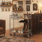 Carrito de Bar con Espejo de 2 Niveles con Botellero y Portavasos, Carrito de Servicio con Ruedas