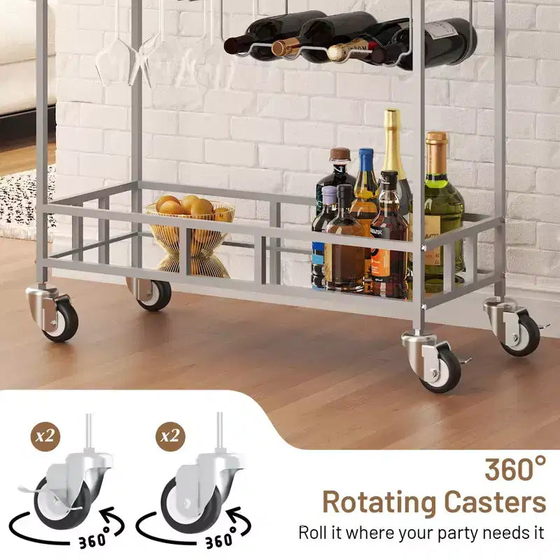 Carrito de Bar con Espejo de 2 Niveles con Botellero y Portavasos, Carrito de Servicio con Ruedas