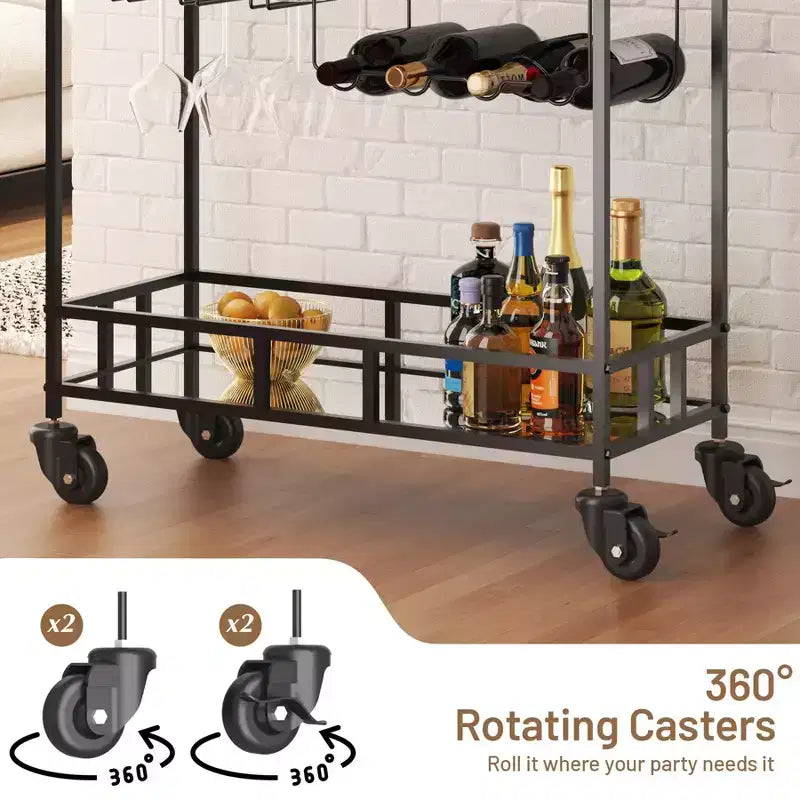 Carrito de Bar con Espejo de 2 Niveles con Botellero y Portavasos, Carrito de Servicio con Ruedas